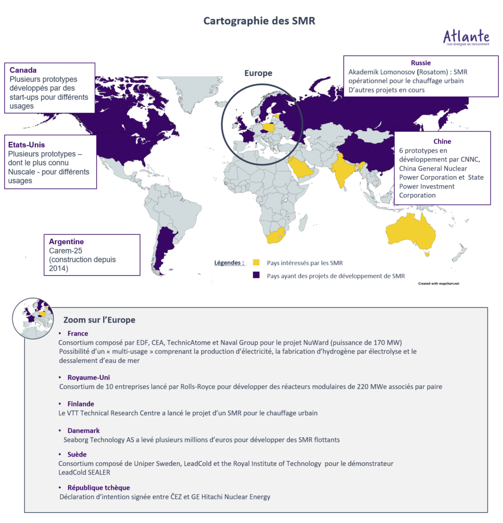 cartographie des SMR small modular nuclear France Royaume-Uni Finlande Danemard Suède République Tchèque Russie Etats-Unis Canada Argentine