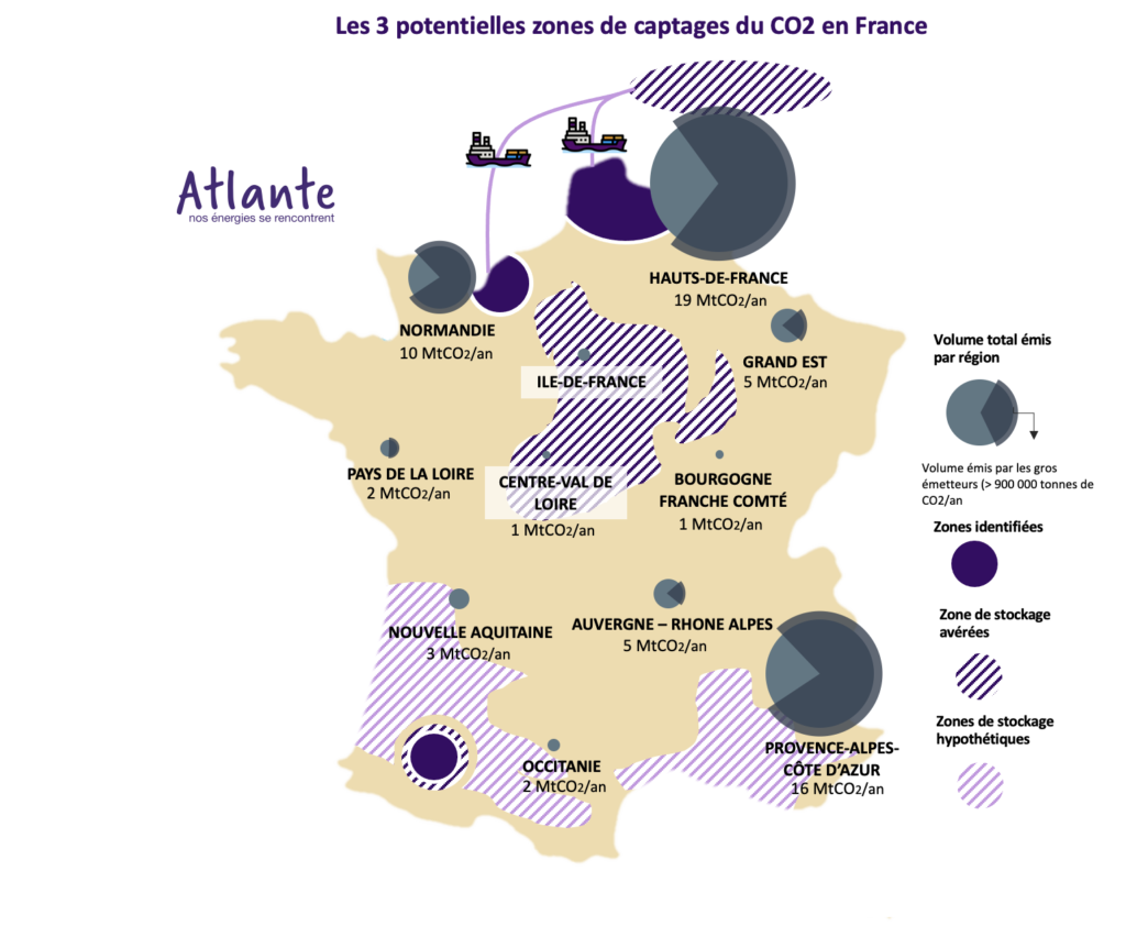 Carte des 3 potentielles zones de captage du CO2 en France : zones identifiées zones avérées zones de stockage hypothétique