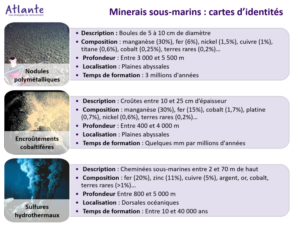minerais sous-marins description nodules polymétalliques encroûtements cobaltifères sulfures hydrothermaux