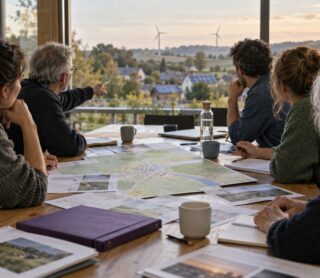 Réunion de citoyens autour d une table, projet d énergie renouvelable local
