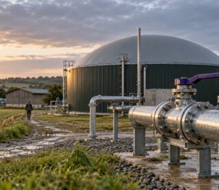 Unité de méthanisation agricole raccordée au réseau de gaz, au lever du jour