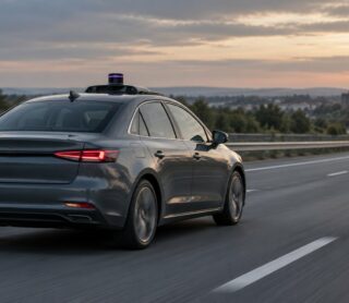Véhicule autonome équipé de capteurs sur autoroute au coucher du soleil